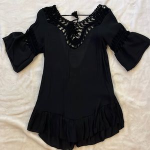 NWOT black swimsuit cover-up with feathers size OS